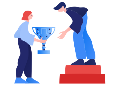 Woman giving award to a man on a pedestal PNG, SVG