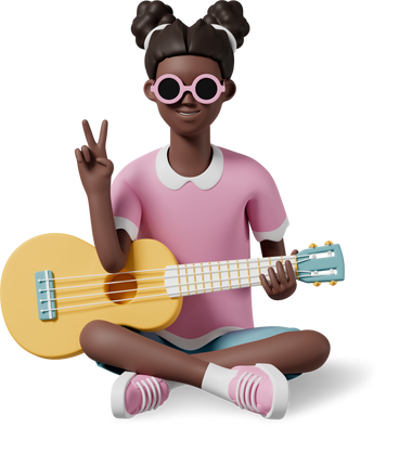 Mädchen mit sonnenbrille sitzt mit gitarre und zeigt v-zeichen PNG, SVG
