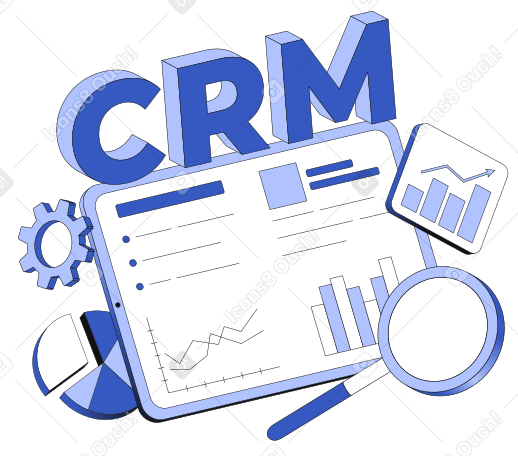 Lettering CRM with graphs, gear and magnifier text PNG, SVG