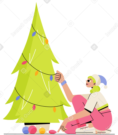 女人装饰一棵圣诞树动态插图，格式有GIF、Lottie (JSON)、AE