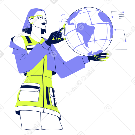 Молодая женщина взаимодействует с виртуальным глобусом в PNG, SVG