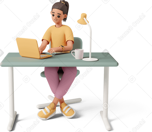 3D young woman working at desk в PNG, SVG