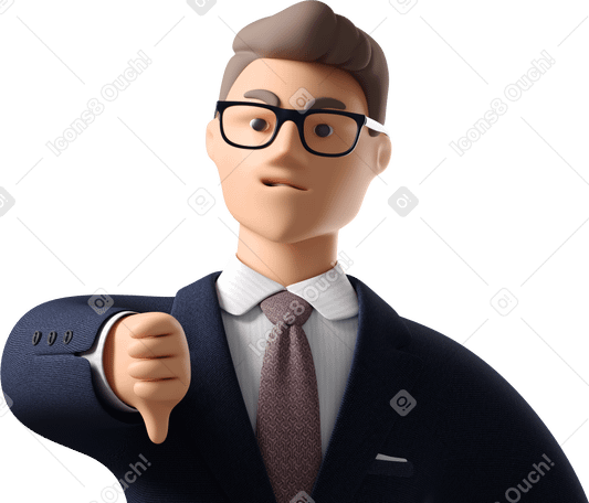 3D close up of angry businessman in dark blue suit showing thumbs down Illustration in PNG, SVG