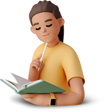 young woman reading book and holding pen PNG, SVG