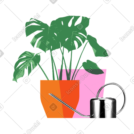 home plant in a pot and watering can PNG, SVG