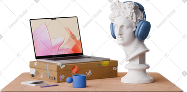 Front view of laptop with notes and apollo head PNG, SVG