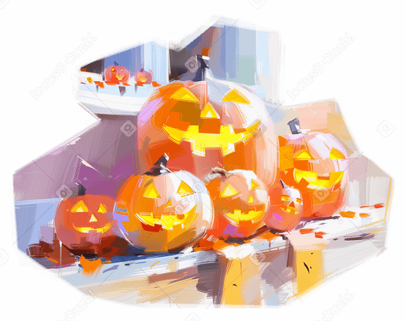 oil painting of halloween decor with pumpkins PNG, SVG