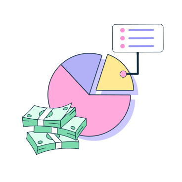 Pie chart with text and stacks of money PNG, SVG