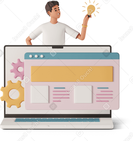 3D happy man and website window in laptop PNG, SVG
