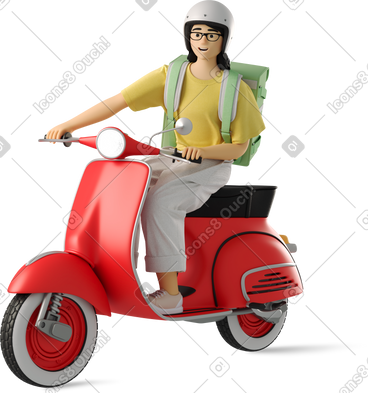 Young woman on a moped with a backpack PNG, SVG