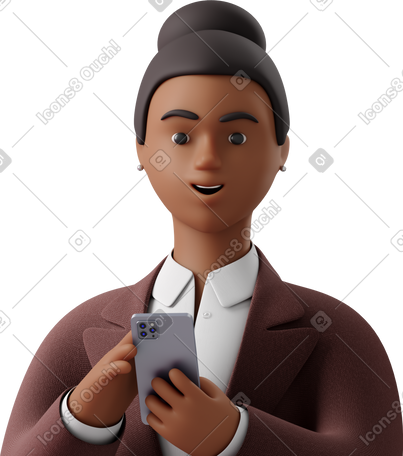 3D close up of black businesswoman in brown suit with phone looking straight PNG, SVG