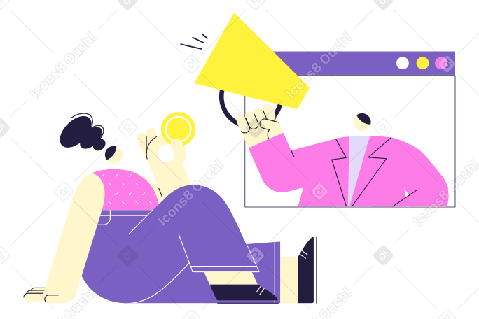 Online advertising. Man with a speaker in computer and girl sitting on a floor with money Illustration in PNG, SVG