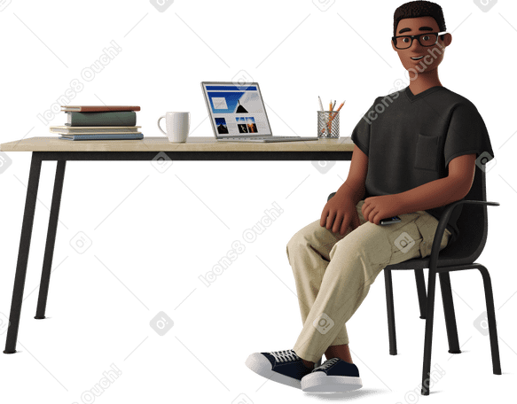 3D young man sitting at his desk в PNG, SVG