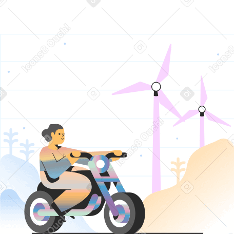 Женщина едет на мотоцикле на фоне ветряных мельниц в PNG, SVG