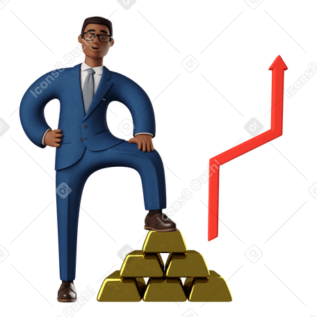 3D Businessman standing with one foot on a growing pile of gold bars Illustration in PNG, SVG