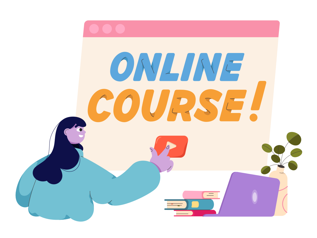 Online course text in the browser and girl presses the button to start watching Illustration in PNG, SVG