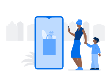 Frau im turban mit ihrem sohn kauft online lebensmittel ein PNG, SVG