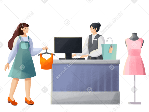 Young woman buying clothes in apparel store with cashier PNG, SVG
