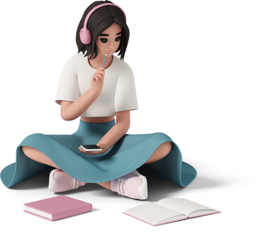 young woman sitting on floor in headphones PNG, SVG