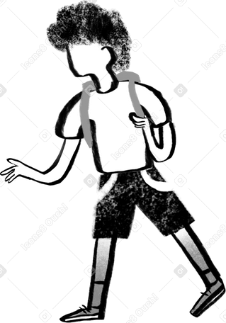 black and white boy with curly hair walking with backpack Illustration in PNG, SVG