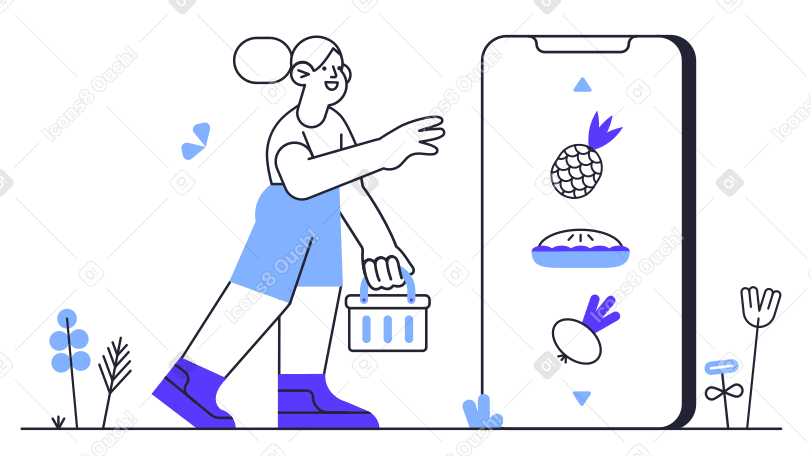 Girl with the basket gets the food from her cell phone Illustration in PNG, SVG