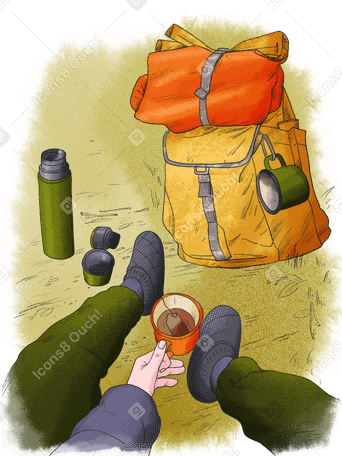 Путешественник делает перерыв на чай после похода в PNG, SVG