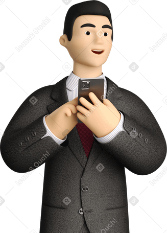 3D businessman in black suit with phone looking aside в PNG, SVG