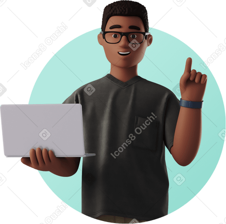 3D Мужчина с ноутбуком показывает большой палец вверх в PNG, SVG