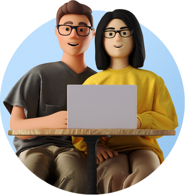 Young woman and man sitting at a table with a laptop в PNG, SVG