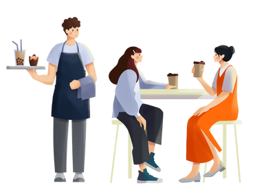 Waiter brings an order for friends drinking coffee PNG, SVG