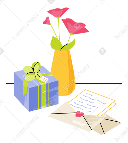 Flowers, gift and letter for valentine's day Illustration in PNG, SVG