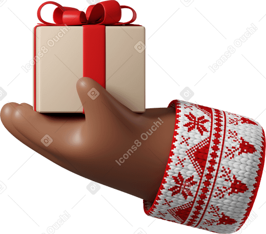 3D Mano de piel marrón oscuro en suéter blanco con patrón navideño sosteniendo caja de regalo PNG, SVG