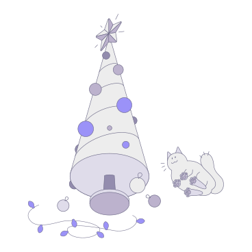 Рождественская елка с упавшими безделушками и сидящим котом в PNG, SVG