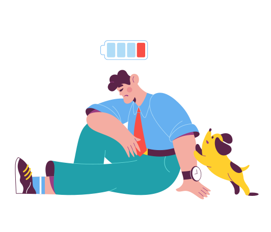 Tired man sits sad next to his dog Illustration in PNG, SVG