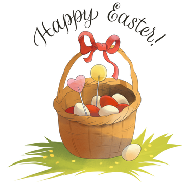 Happy Easter calligraphy and the basket with easter eggs on the grass PNG, SVG