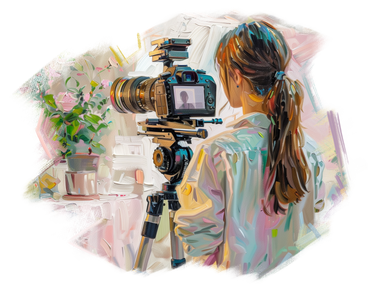 Oil painting of a woman filming a vlog PNG, SVG