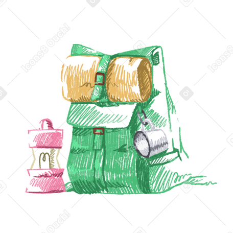 Camping equipment: backpack, lantern, and mug PNG, SVG