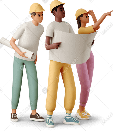 3D young people in helmets holding blueprint Illustration in PNG, SVG