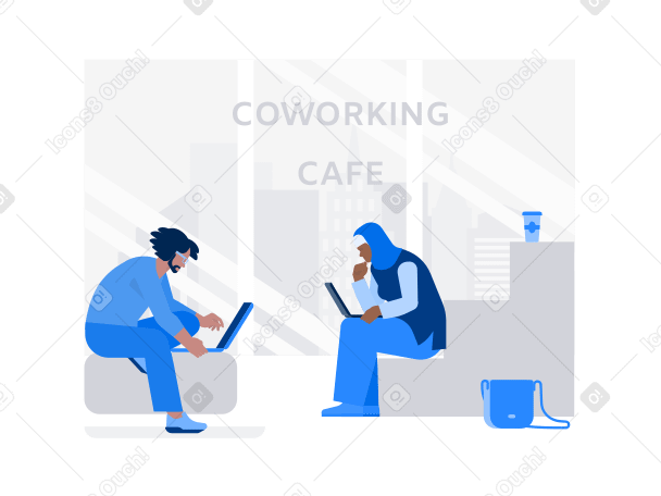 Woman in hijab, man with laptop are working together in coworking cafe PNG, SVG