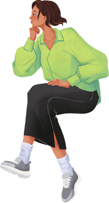 woman in green shirt and black skirt sitting PNG, SVG