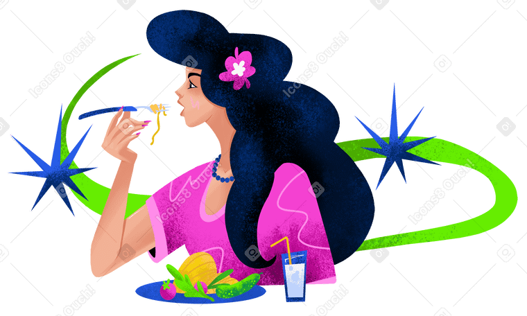 Woman eating pasta Illustration in PNG, SVG