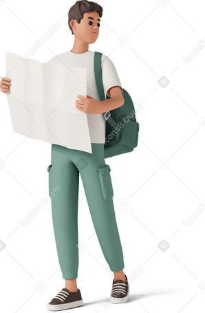 3D young man holding paper map Illustration in PNG, SVG