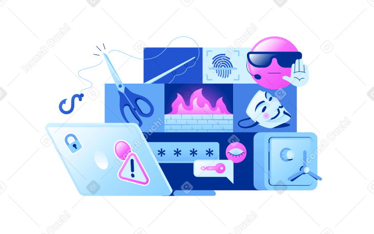 Illustration Emoji de cybersécurité avec pare-feu, ordinateur portable et coffre-fort, identifiant de protection aux formats PNG, SVG