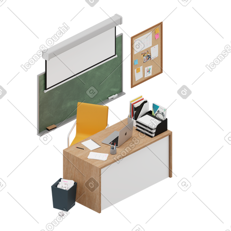 3D isometric teacher's desk with blackboard PNG, SVG
