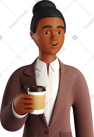 3D black businesswoman in brown suit with paper coffee cup PNG, SVG