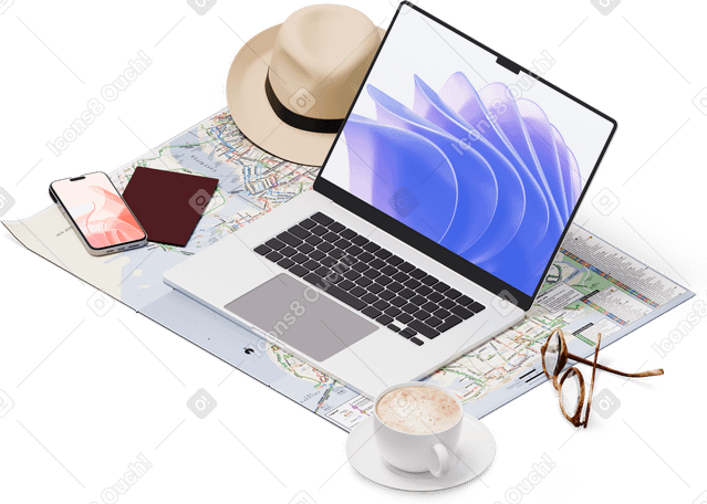3D isometric view of map, laptop, cup, smartphone, passport, glasses PNG, SVG