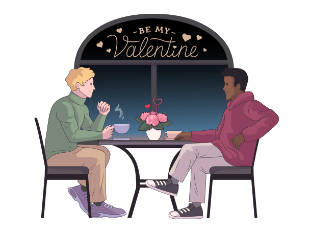 Two men celebrate a Valentine's day in a cafe Illustration in PNG, SVG
