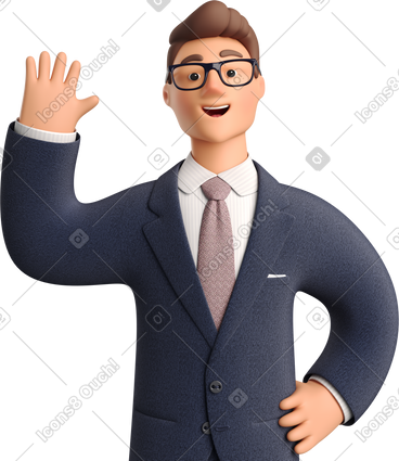 Businessman in dark blue suit waving hello PNG, SVG