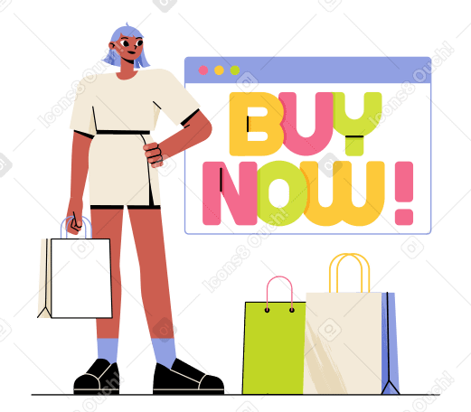 Lettering Buy Now! with browser and shopping bags Illustration in PNG, SVG