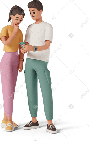 3D young man showing phone screen to woman PNG, SVG